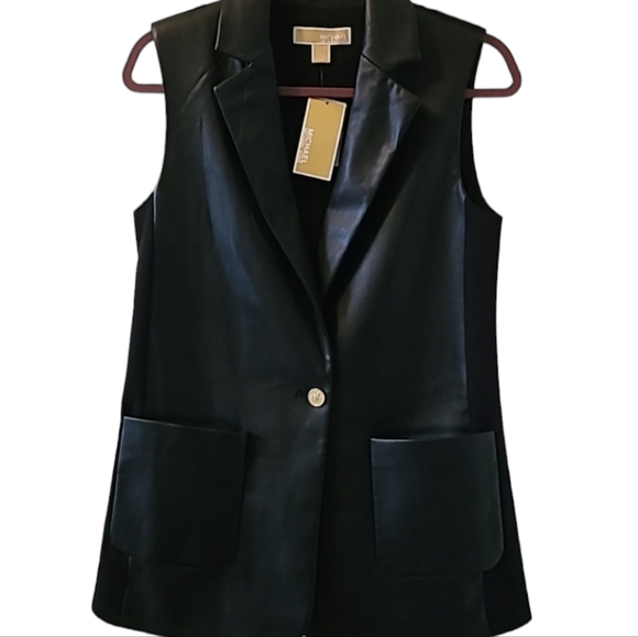 NWT: MICHAEL KORS AUTHENTIC WOMENS BLACK FAUX LEATHER LONG VEST SIZE XS - Picture 2 of 16